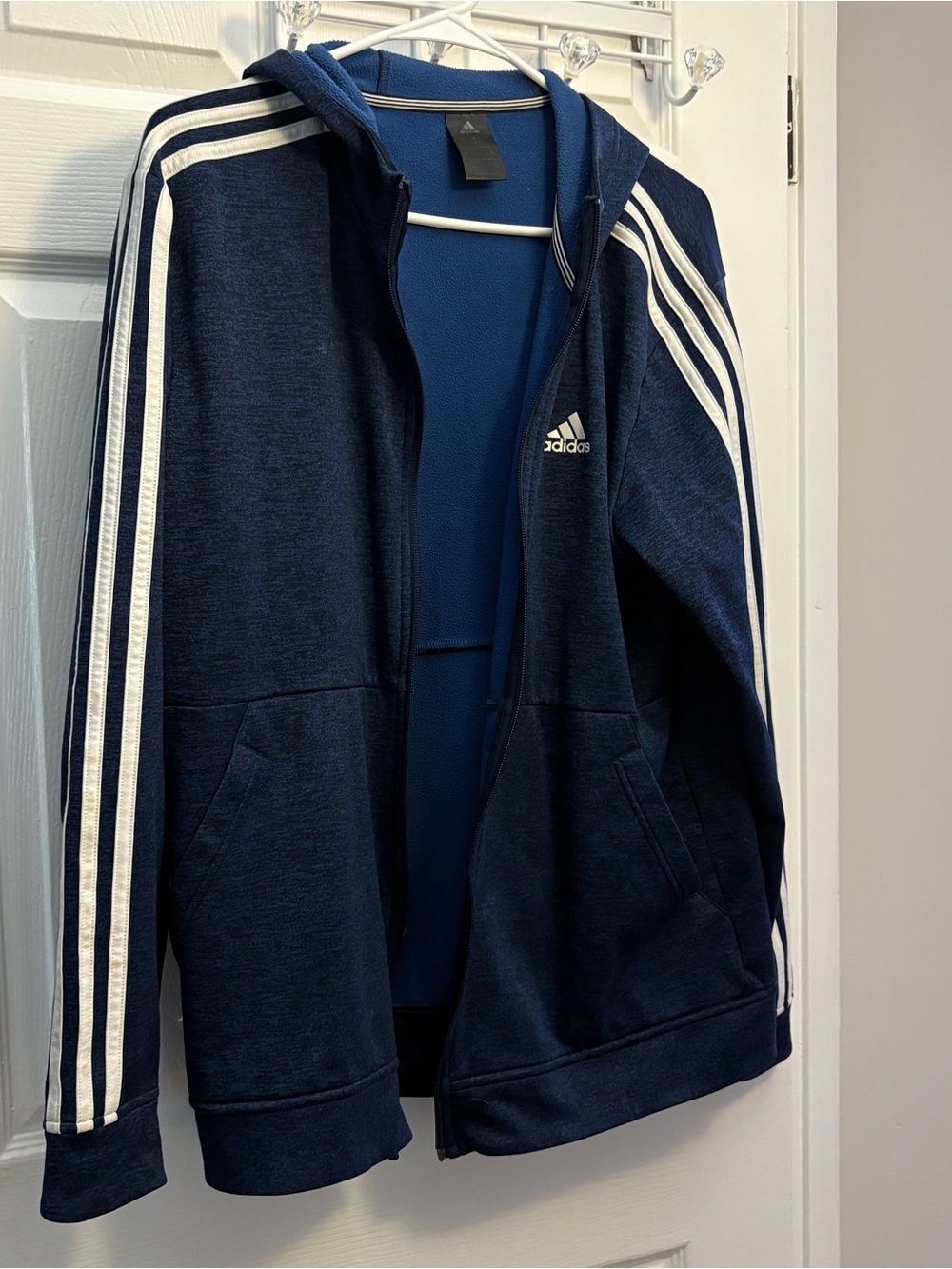adidas Navy Blue Hooded Track Jacket with White Stripes